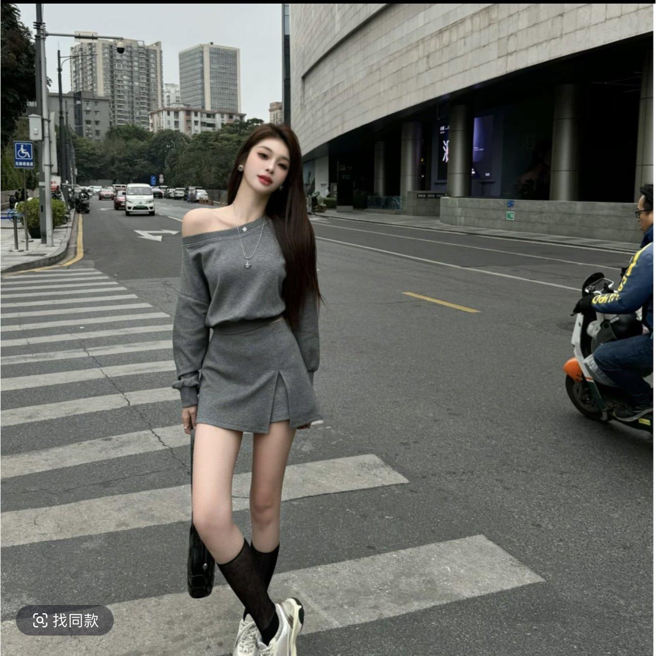 美式调 一字露肩长袖卫衣A开叉半身裙裤套装