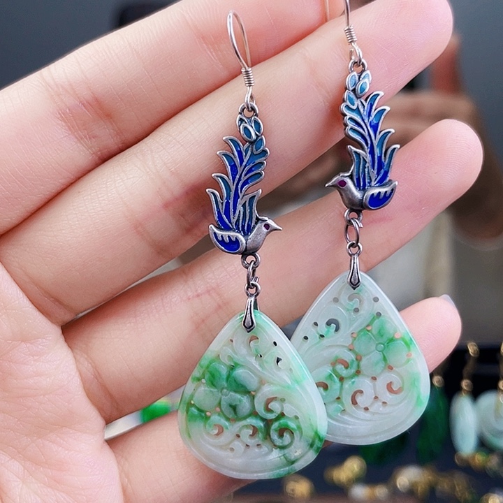 翡翠耳饰银S925镶嵌饰品