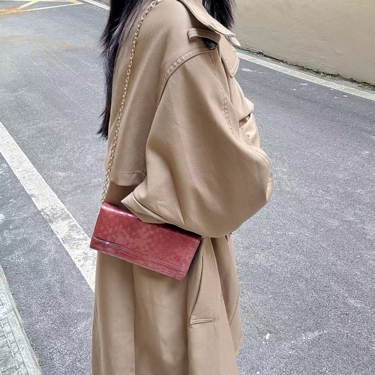 95新 GUCCI/古驰 95新gucci红色水晶花朵拼皮长款woc98280125