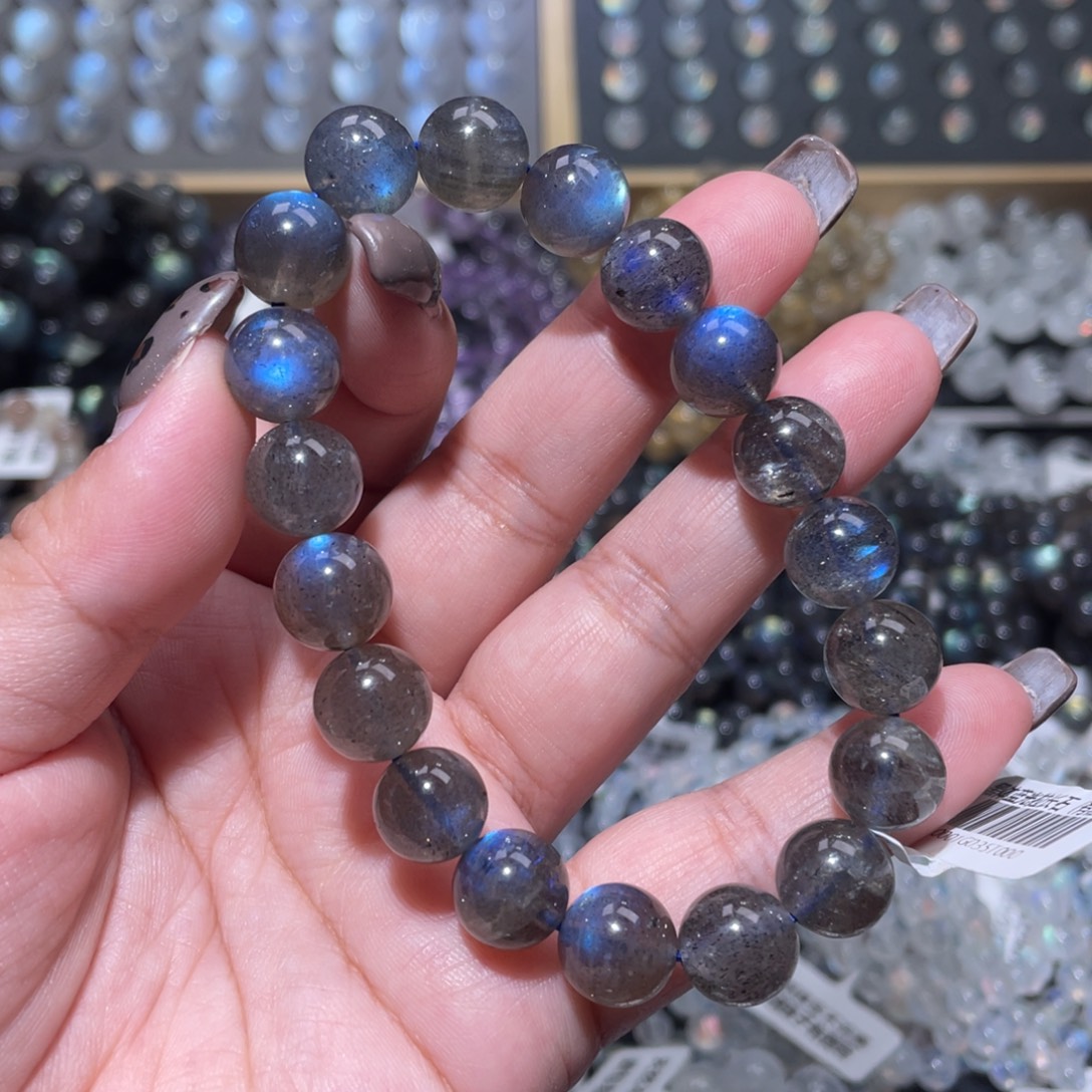 长石未镶嵌手链马岛黑体纯蓝光灰月光手链10.5m漏价 有黑点共生
