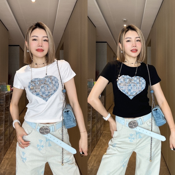 【CM】重工牛仔爱心短袖T恤上衣M5S0418