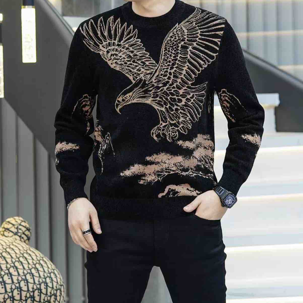 男士毛衣秋冬新款套头针织衫天鹅绒提花烫钻百搭修身打底衫毛衣