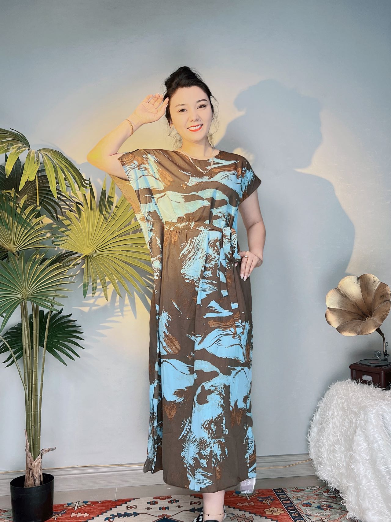 夏季简约法式印花气质薄款长款连衣裙百搭