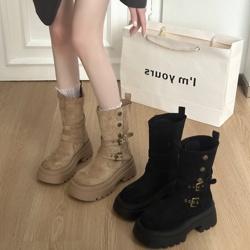 厚底百搭短筒骑士靴女2025秋冬网红英伦风机车靴皮带扣中筒马丁靴