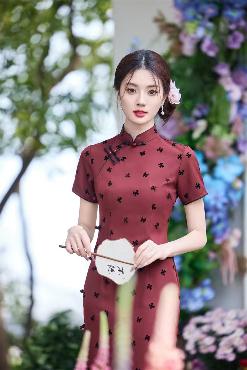 波点中国风中长款印花红色旗袍中式斜襟日常修身小个子长裙中长裙