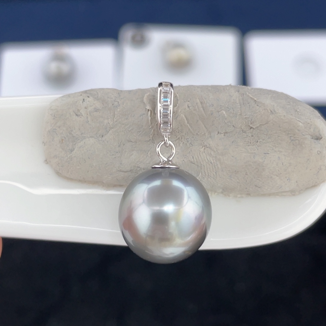 银S925镶嵌12-13铂金灰吊坠定制不退不换海水珍珠