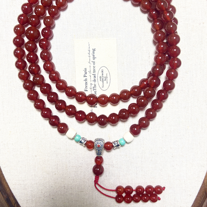 “朝暮皆安”天然红玛瑙108佛珠项链时尚百搭奢华高级中式国风气质