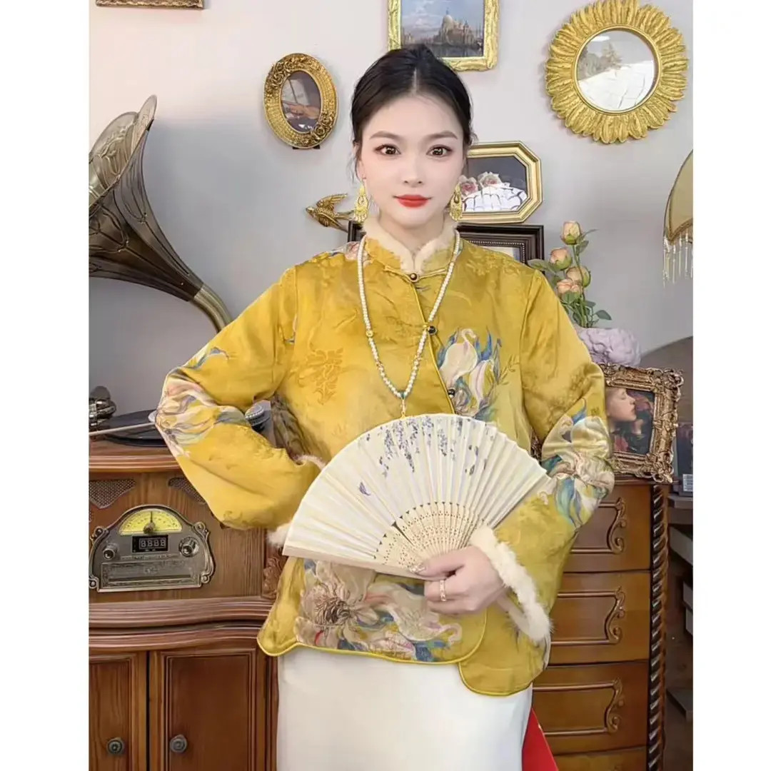 【762】秋冬新中式国风立领斜襟盘扣拼接毛边外套显瘦气质百搭上衣