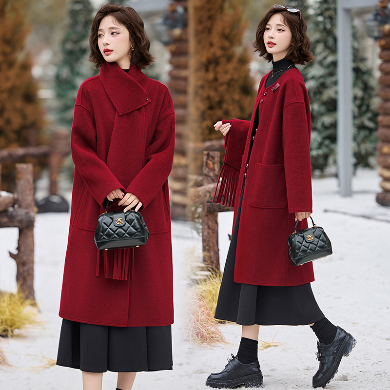 2025时尚气质双面羊绒大衣红色围巾款百搭气质显白羊绒大衣中长款