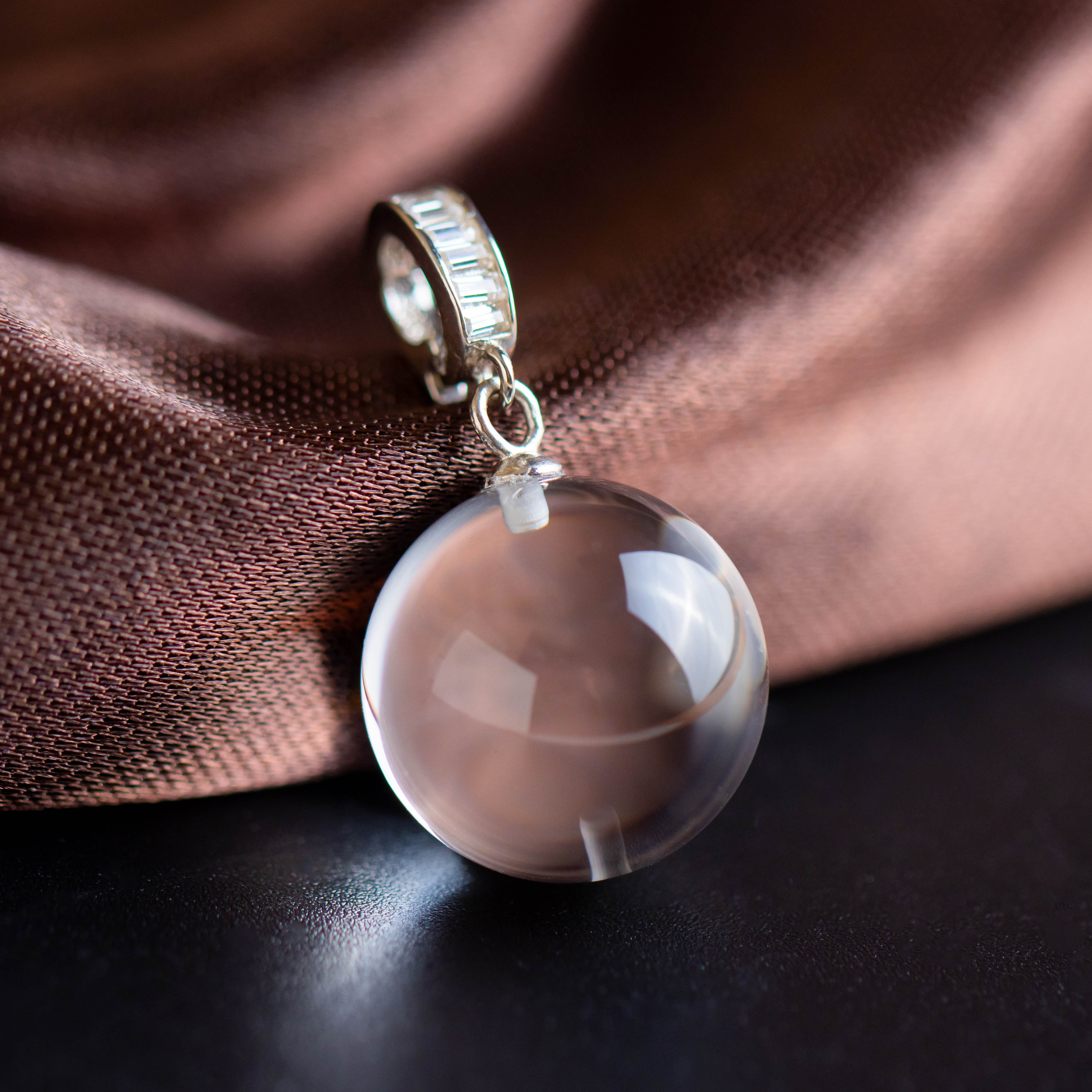 S925银素银镶嵌白水晶圆珠吊坠不含链