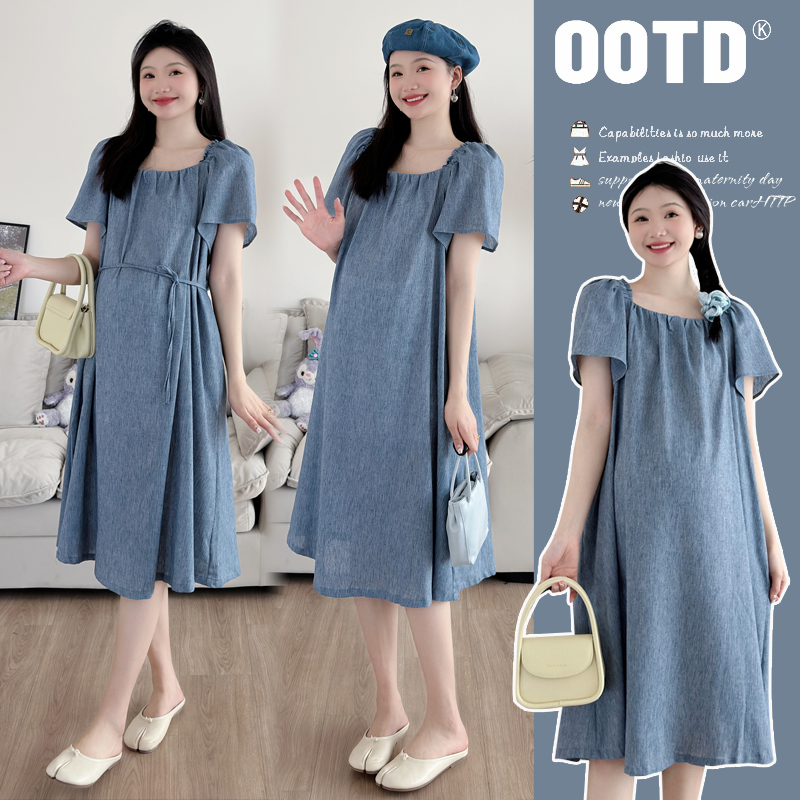 xixi~孕妇夏装天丝牛仔连衣裙长款2025新款配腰带