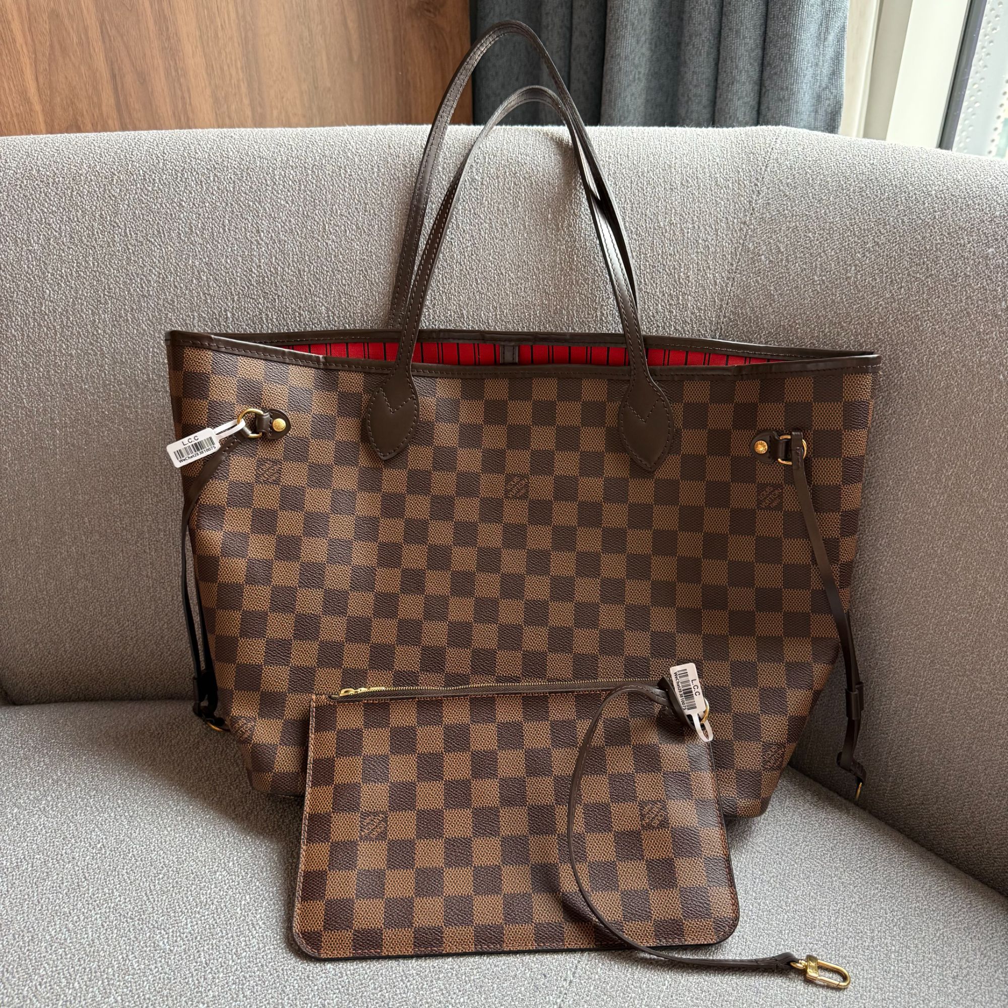 99新 LouisVuitton/路易威登 neverfull购物袋中号棕棋盘格/19年