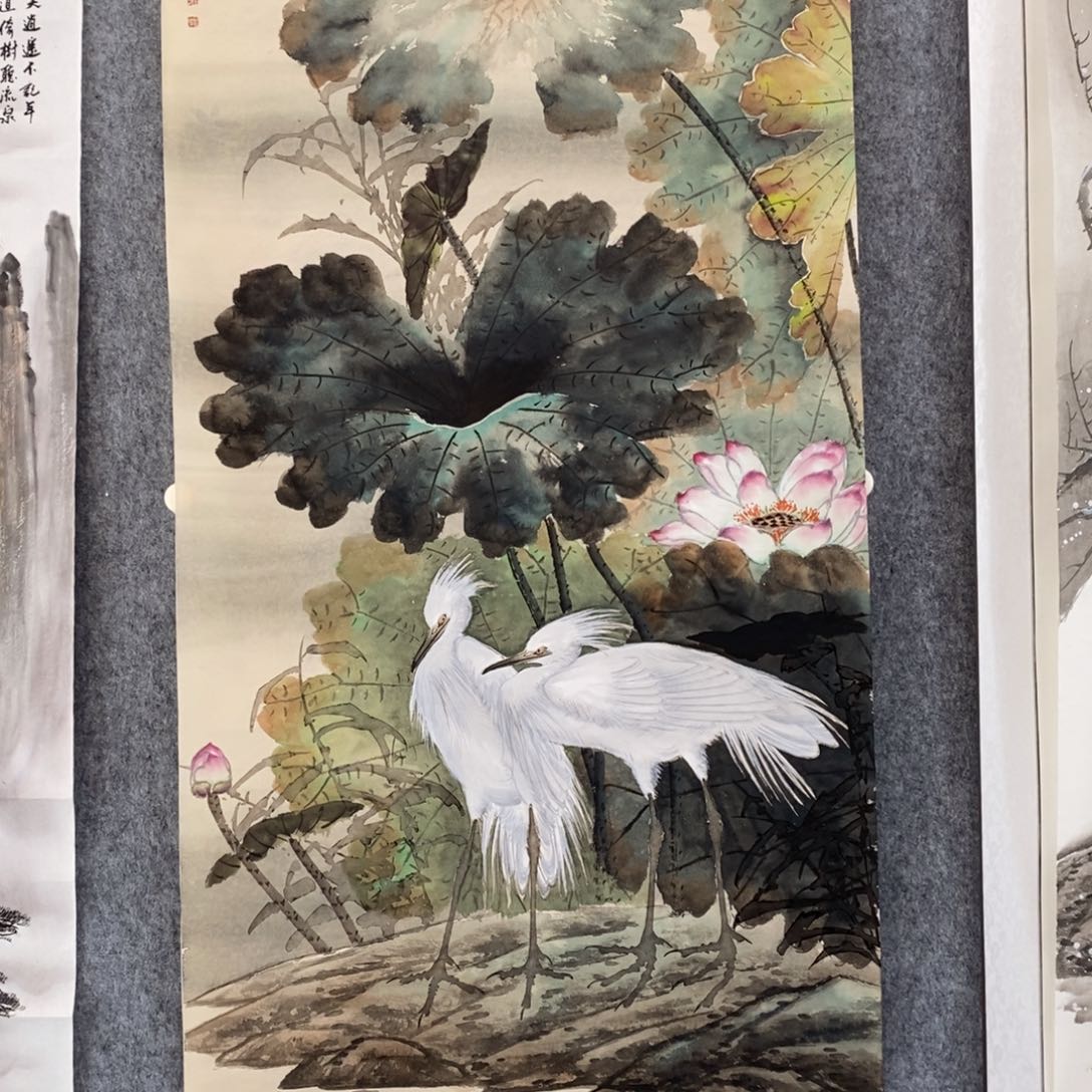 国画路*四尺竖幅荷花白鹭