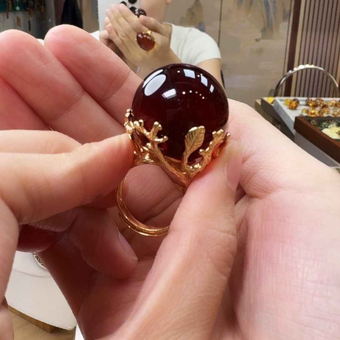 琥珀银S925镶嵌颈饰戒指