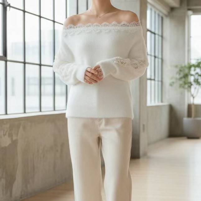 秋季一字领蕾丝镂空拼接针织毛衣上衣显瘦百搭女装内搭时尚打底衫