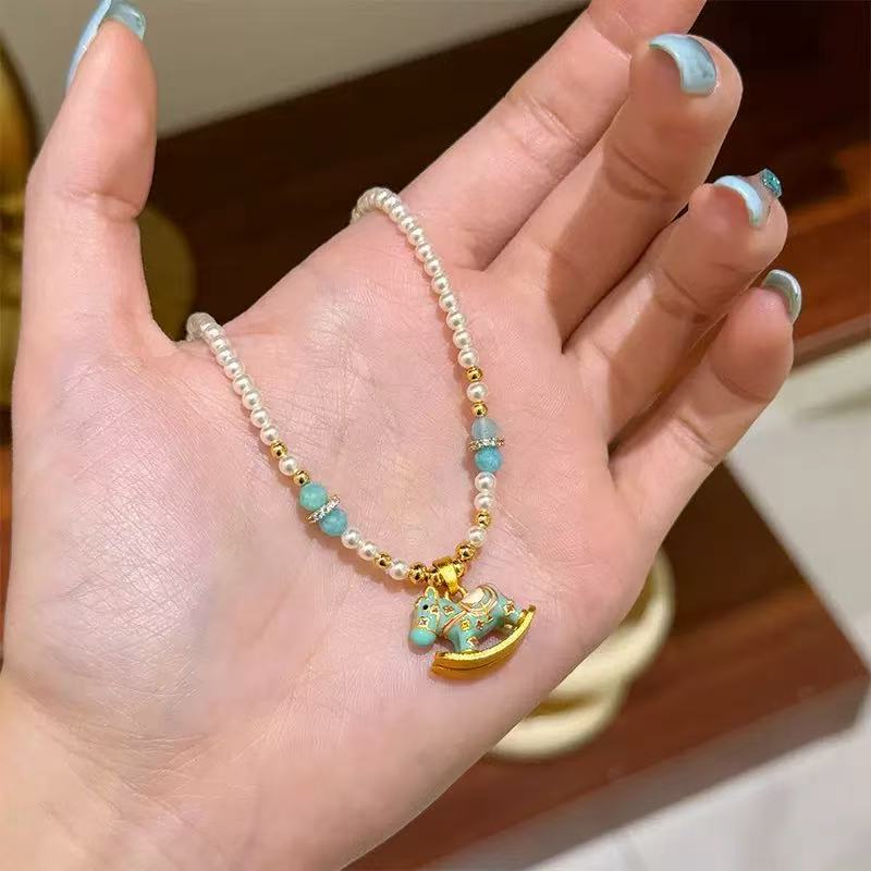 铜合金仿珍珠项链 SQ思岐新中式-彩色滴釉贝珠木马项链5833