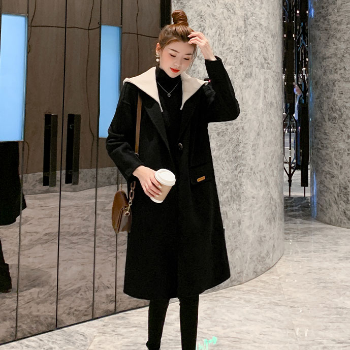 夹棉加厚撞色假两件秋冬韩版中长款长款气质毛呢连帽毛呢外套