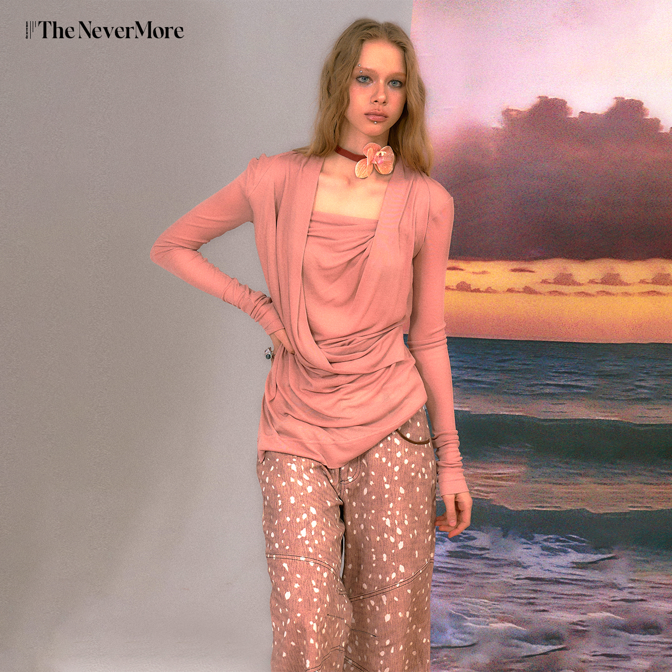 TheNeverMore「落日熔金」交叉荡领长袖针织气质上衣T恤打底衫女