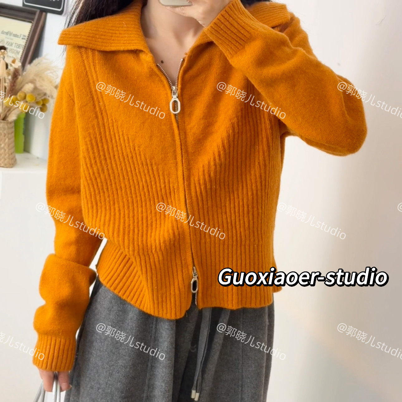 【清】秋冬新款针织开衫韩版宽松翻领双拉链厚款慵懒风毛衣202