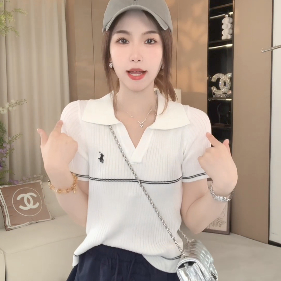 夏季新款POLO翻领短袖小马刺绣简约条纹美式学院风设计感上衣女
