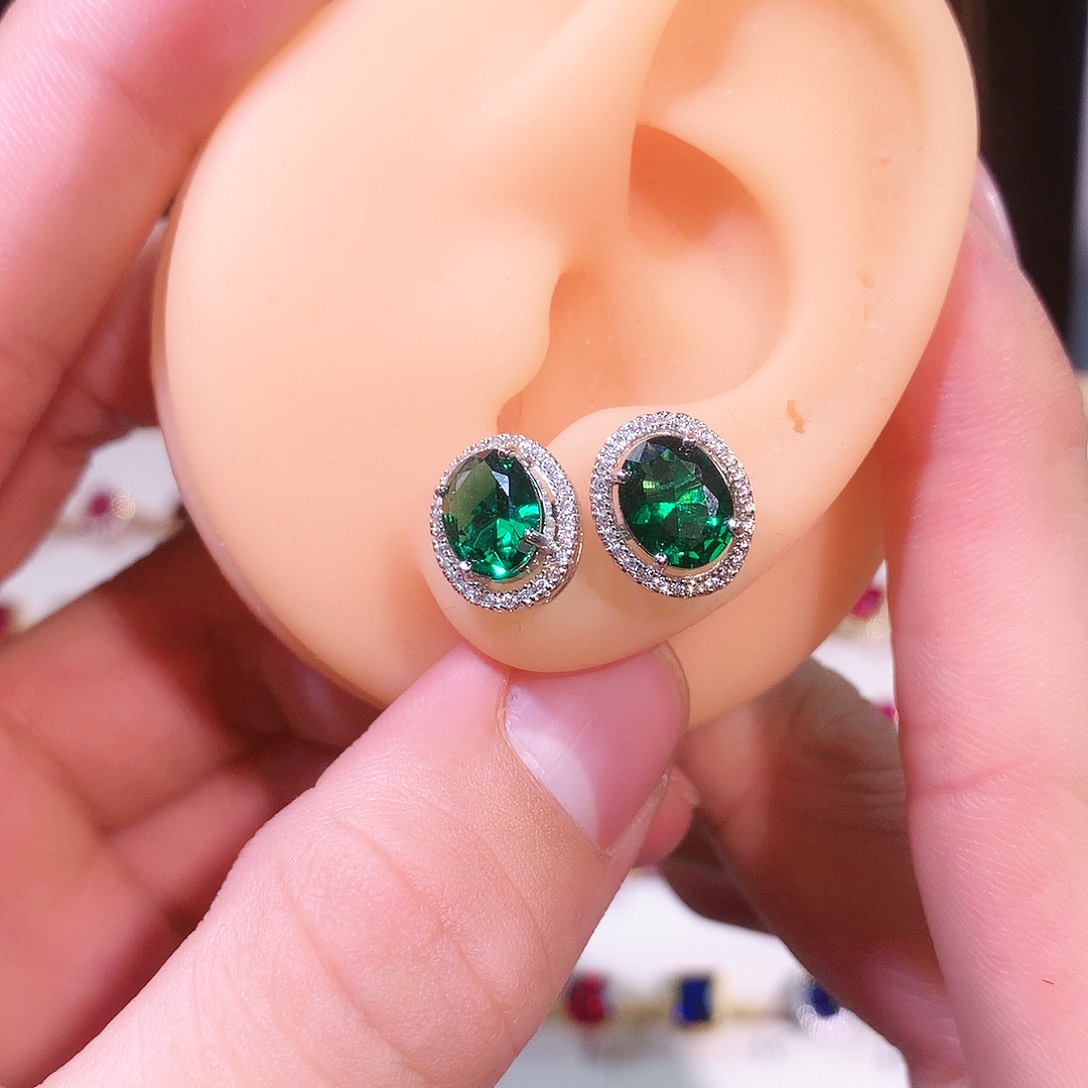 透辉石耳钉银S925镶嵌