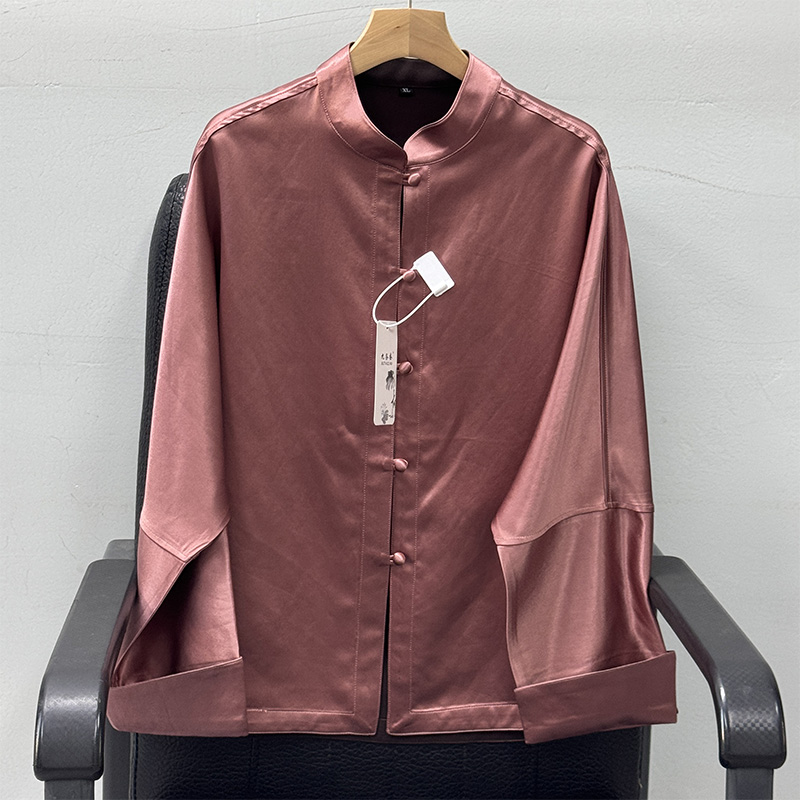 预新款100桑蚕丝60贵妇皮香云纱灰粉色马蹄袖立领外套