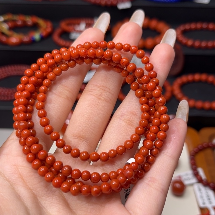 南红玛瑙未镶嵌手链满肉柿子红小米珠4mm多圈