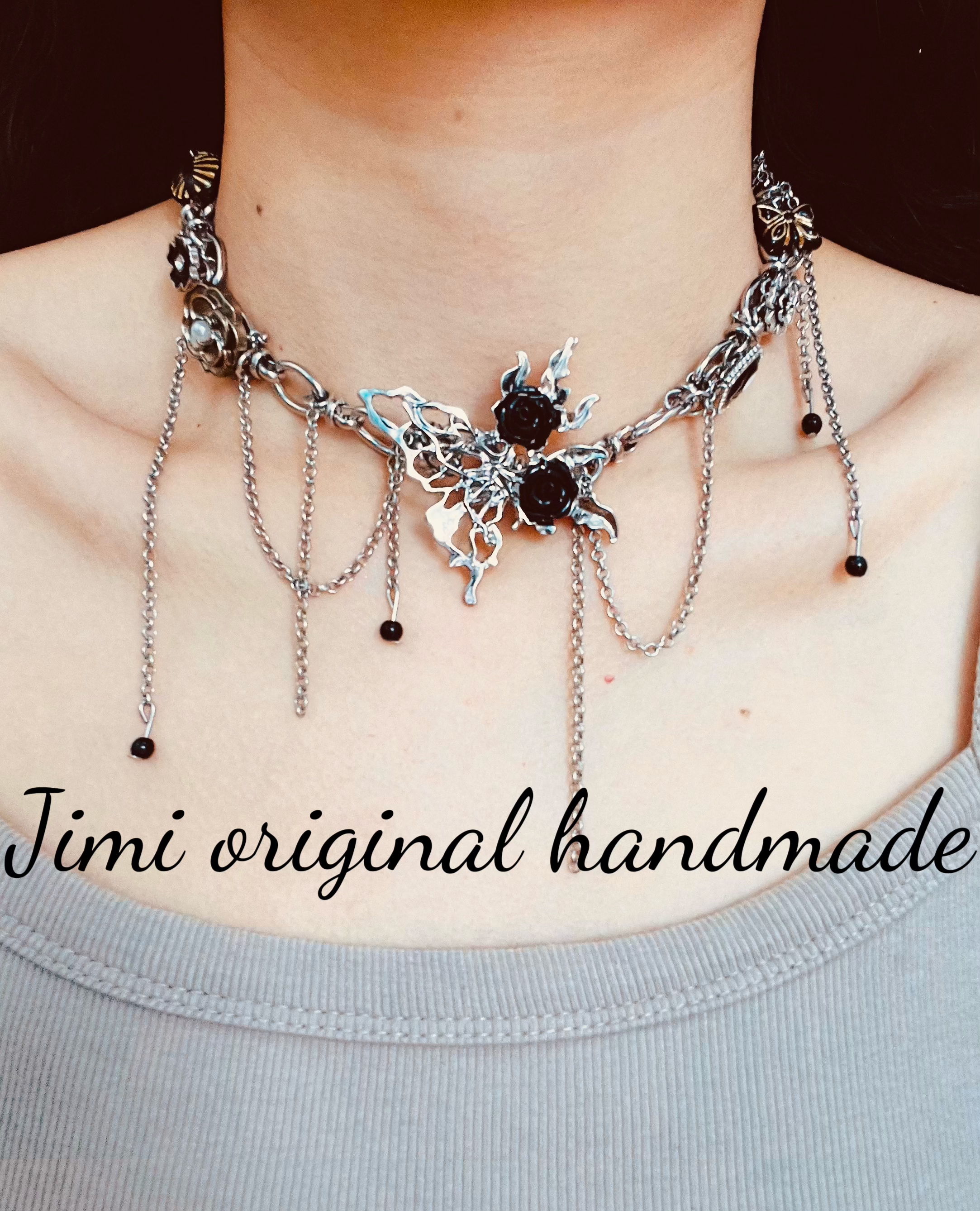 钛钢锆石项链 原创款哥特风镂空玫瑰蝴蝶项链