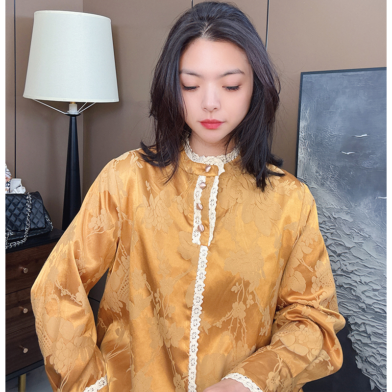 欧韩童话2025新款小众花边拼接暗纹提花新中式国风上衣6722
