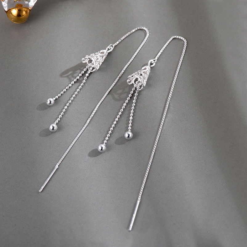 足银耳饰 足银990镂空风铃新潮耳线耳环古风简约小众长款超仙网红