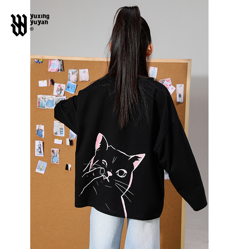 雨星雨嫣春装女童打底衫上衣2025春季新款儿童长袖t恤衫黑色洋气