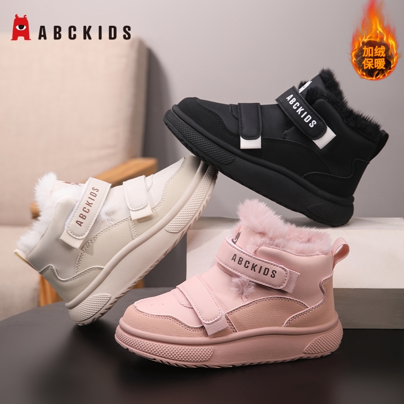 Abckids魔术贴车缝线棉鞋冬季保暖加绒皮面防滑x雪地靴