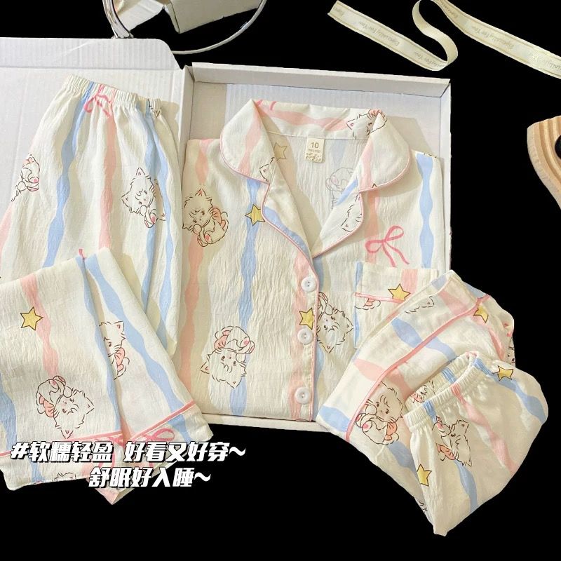 【蝴蝶结猫咪】云朵棉睡衣女短袖短裤长裤夏季薄款卡通家居服套装