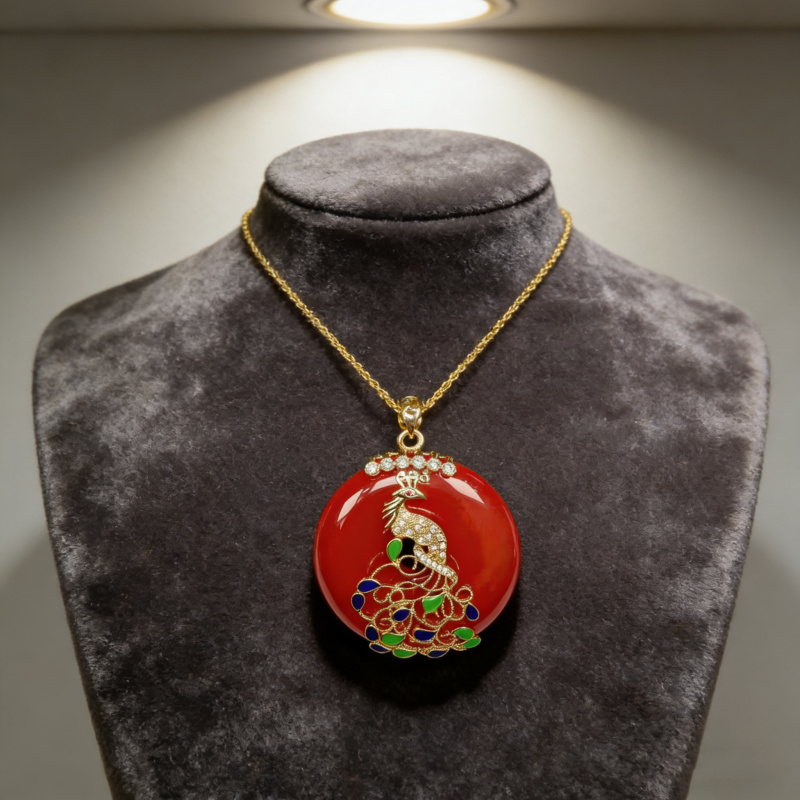 ZH66-天然  高端  大气   -时尚  红玉髓   孔雀平安扣吊坠-配链