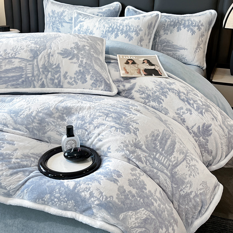 豫巢雕花牛奶绒四件套冬季保暖春季防滑床品套件被套加厚床上用品