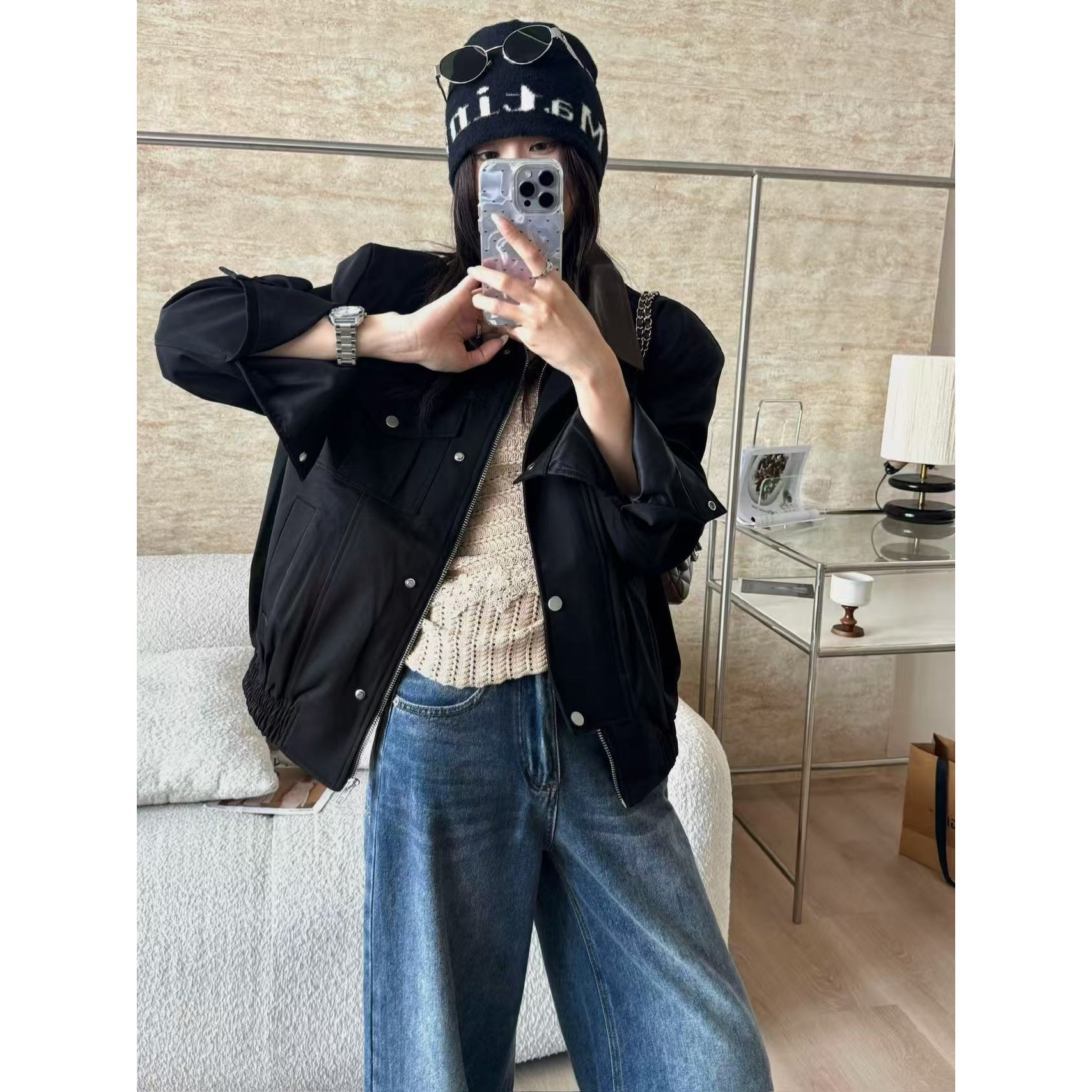 SP 撞色麂皮多口袋外套女翻领复古休闲宽松夹克上衣外套 