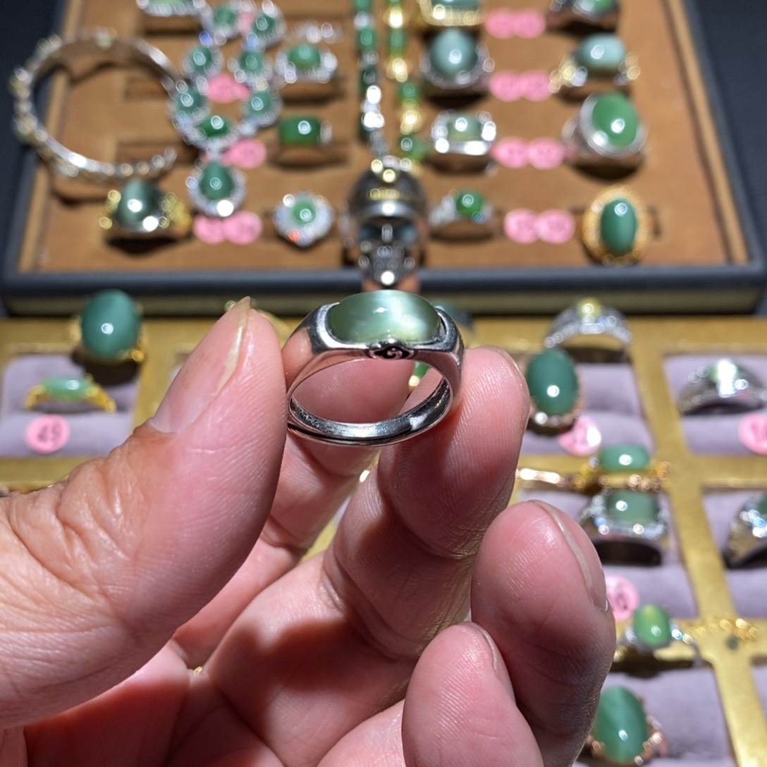 和田玉（碧玉）戒指银S925镶嵌宋*