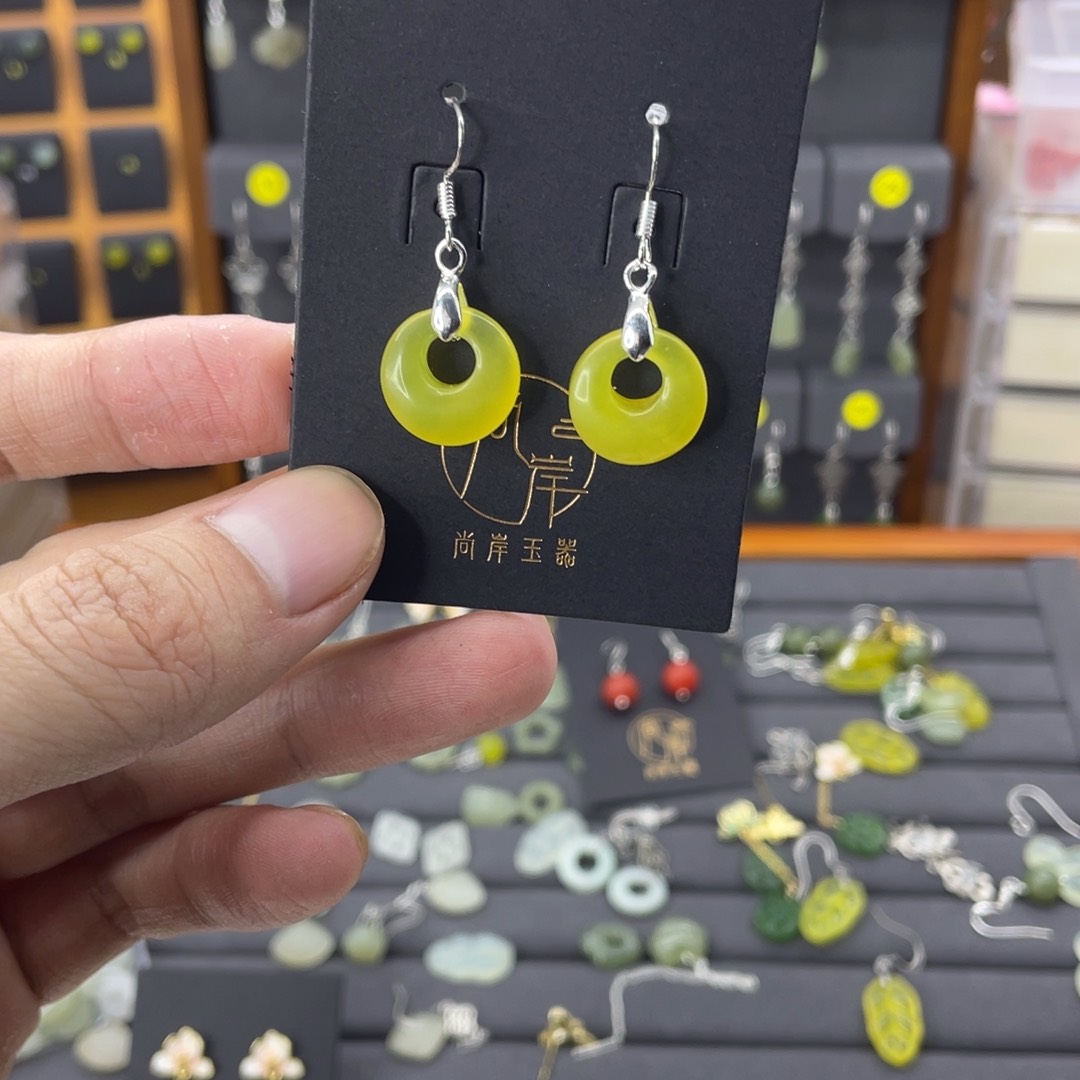 蛇纹石玉耳饰银S925镶嵌