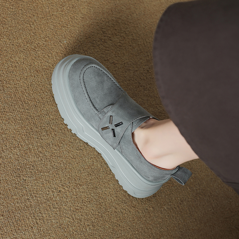 2025春季新款磨砂牛皮乐福鞋女真皮6cm厚底深口单鞋圆头平底鞋女