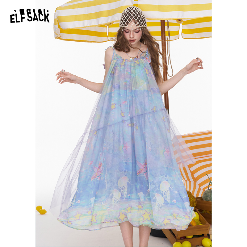 【达人专属】妖精的口袋妖精的口袋原创满印网纱吊带连衣裙女2025