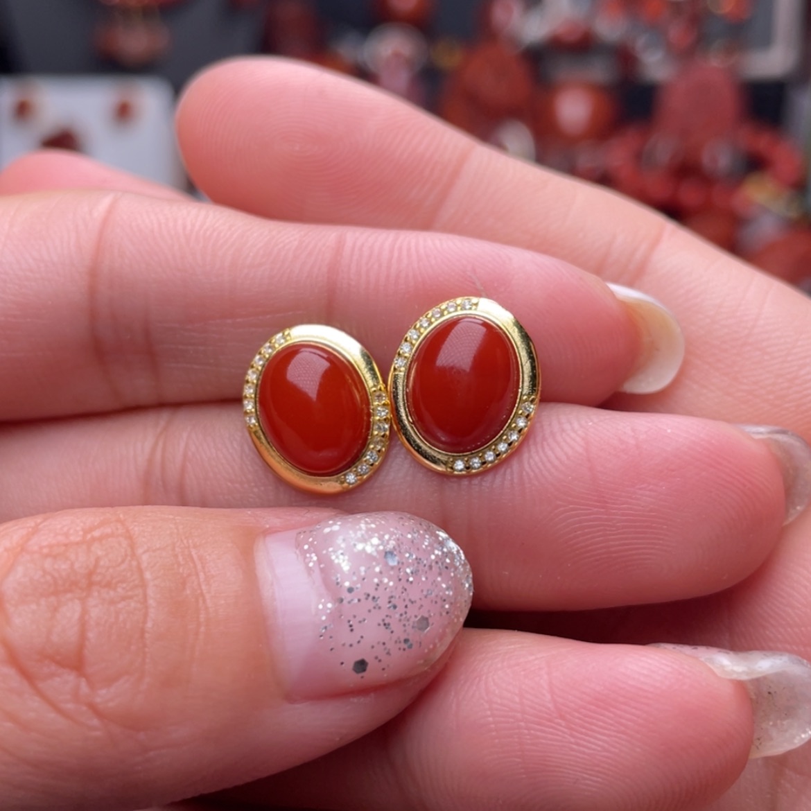 【闪购商品】南红玛瑙耳钉银S925镶嵌