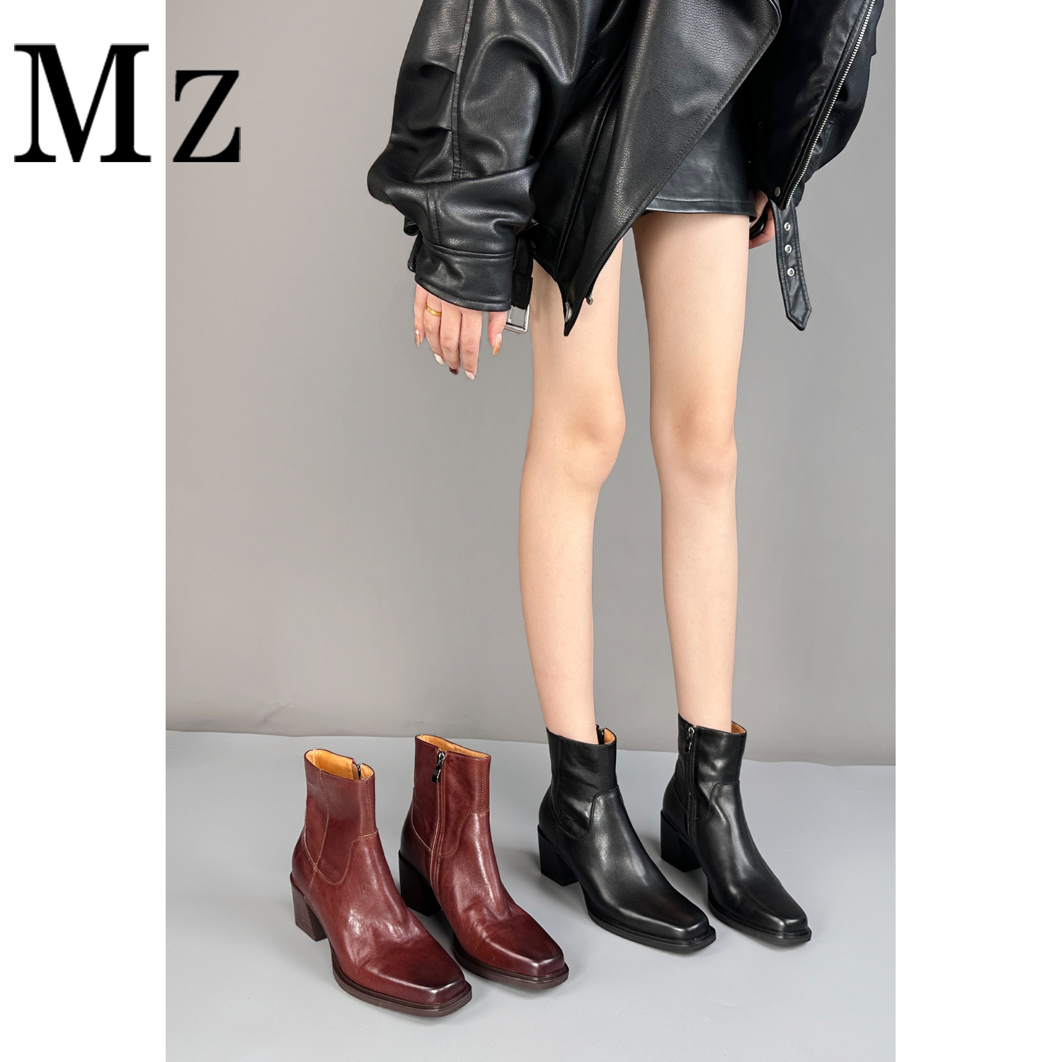 Mr.Zheng/6cm/头层水洗牛皮/复古百搭真皮短靴女方头粗跟高跟靴子