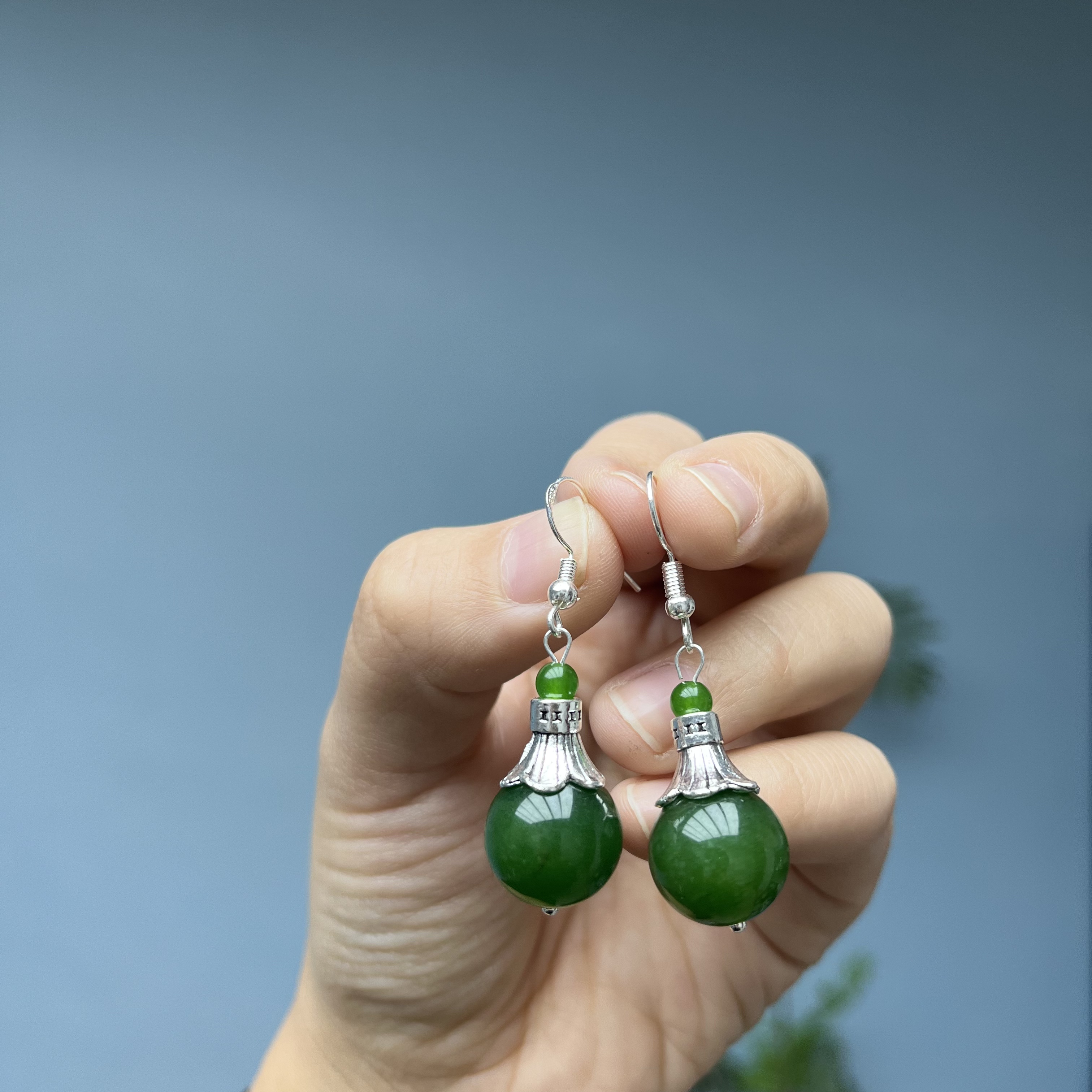 和田玉s925喇叭圆珠耳钩