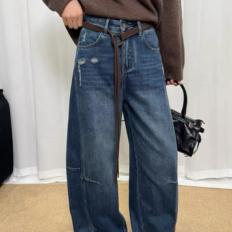 56221高端韓系破洞彎刀牛仔褲女秋冬年新款高腰寬松長褲子