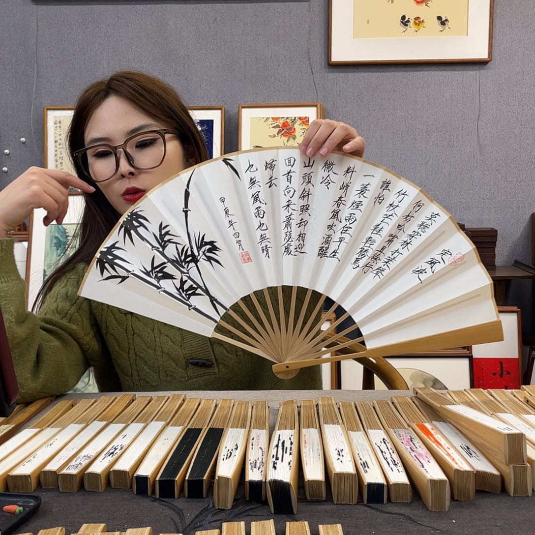 国画10寸玉竹-纯手绘-文玩扇骨（默认粘好）定风波