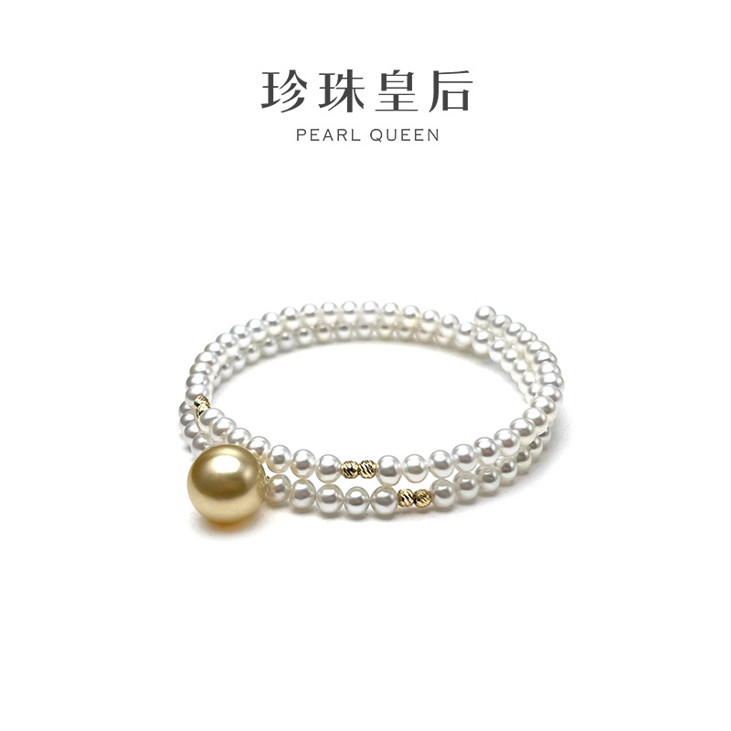 【珍珠皇后】S925银海水金珍珠10-11mm+淡水小米珠4-5mm弹簧手镯