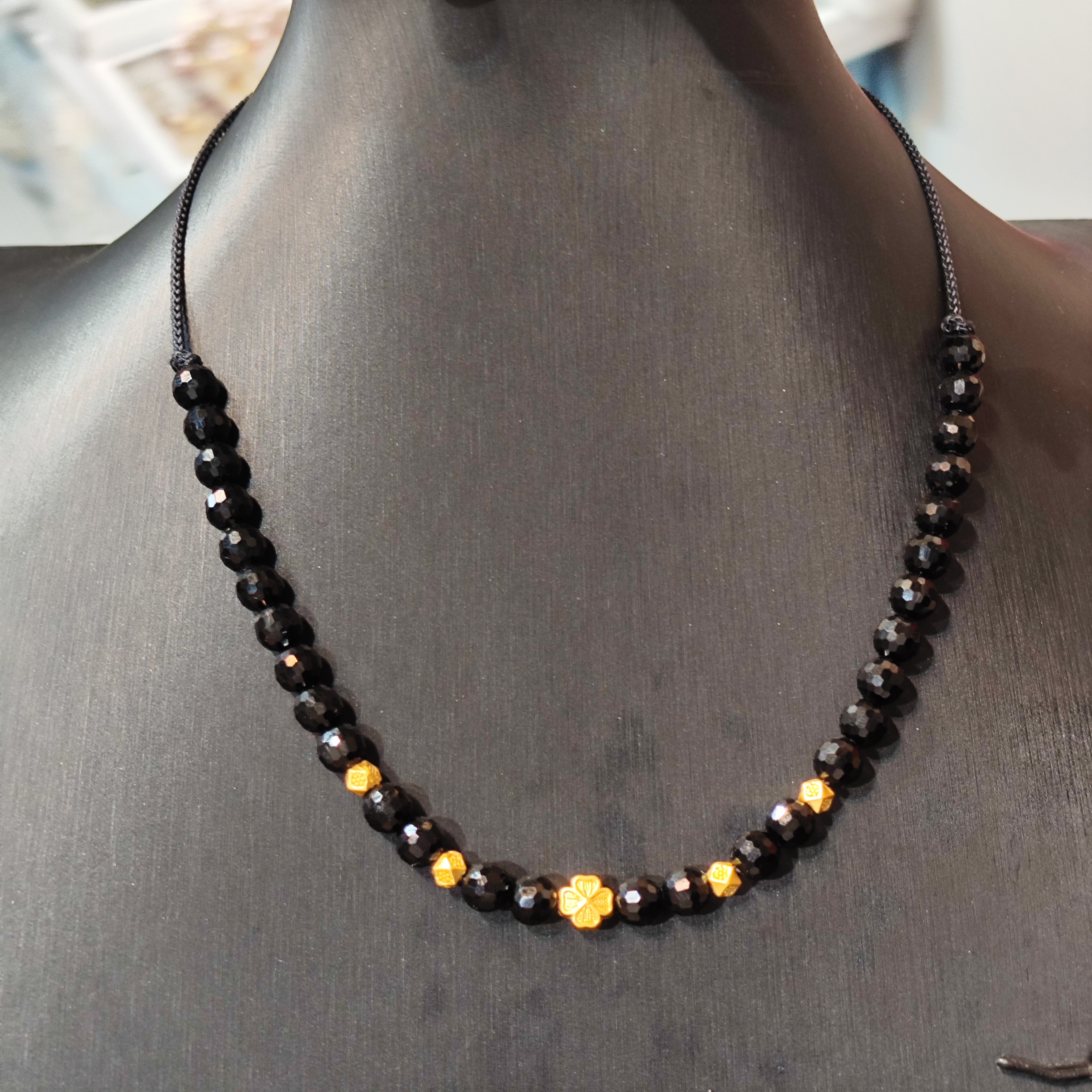 钛钢仿水晶吊坠 转运珠黑玛瑙路路通编织链男女气质送礼项链