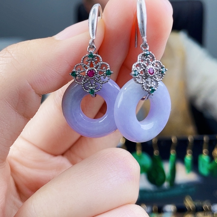 翡翠耳饰银S925镶嵌饰品