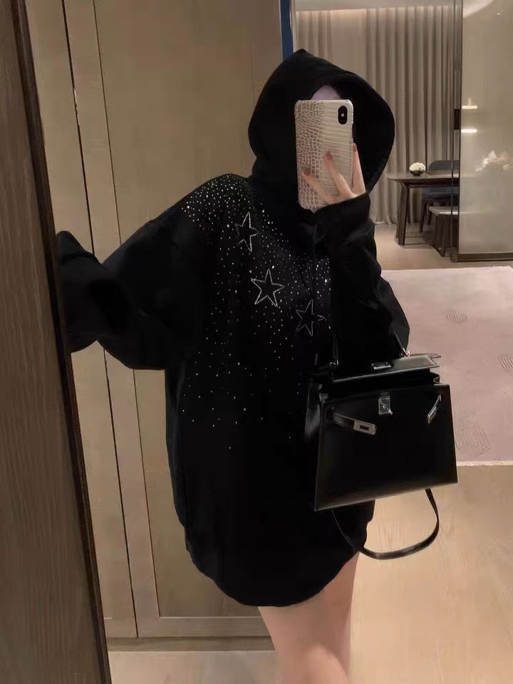 满天星五角星烫钻连帽卫衣女秋冬时髦休闲宽松慵懒高级感外套上衣