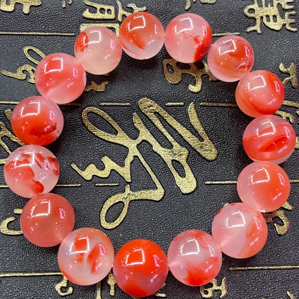 精品南红15mm单圈手串，冰飘漂亮，花色浓艳